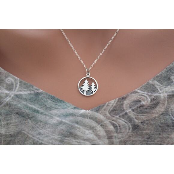 Sterling Silver Tree and Mountain Pendant, Silver Camping Pendant Necklace - Picture 1 of 3